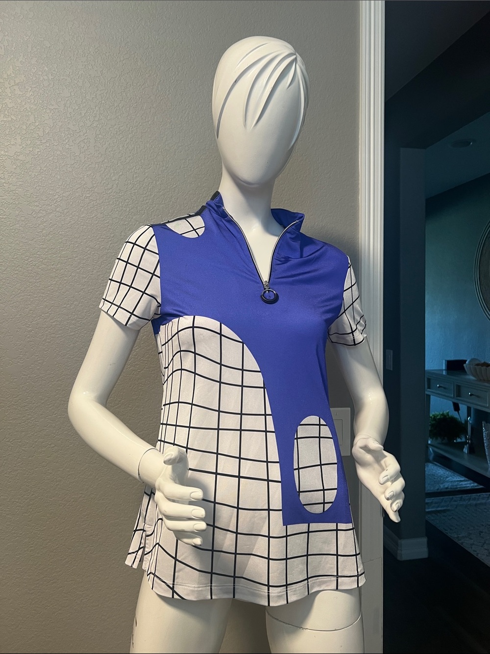 Jamie Sadock Women's Grid Print Golf Polo 3/4 Sleeves Sz S
